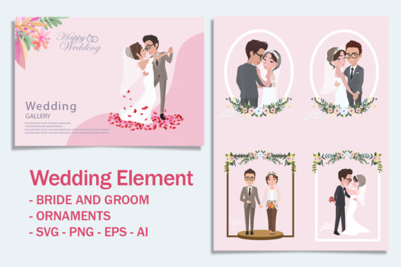Enchanting Wedding Elements: Adorable Bride & Groom Character Designs