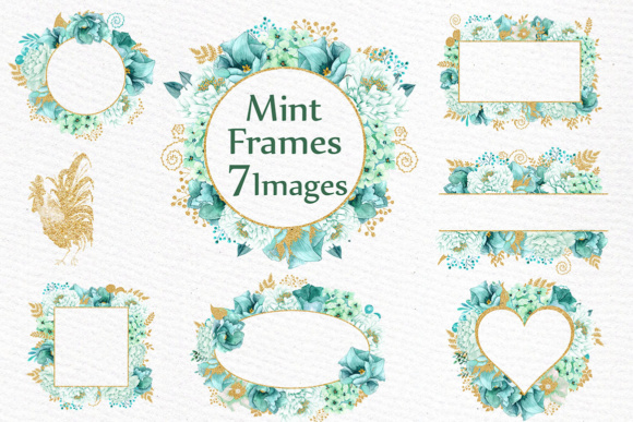 Gold Mint Flower Frames Clipart: Watercolor Wedding Design Elements